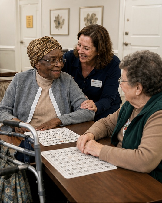 Residents playing bingo with a team member