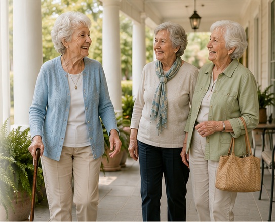 Three friends walking together on the porch