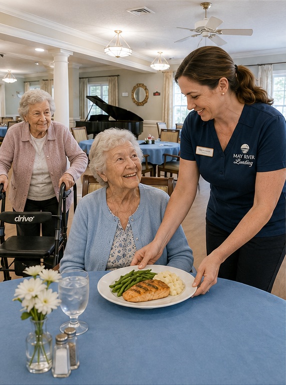 A team member serving a resident lunch in the dining room