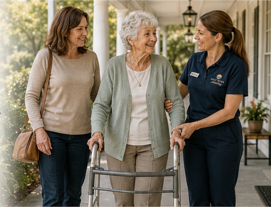 A resident walking with her daughter and a caregiver