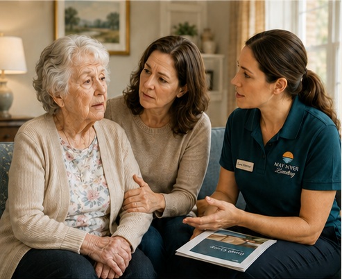 A resident and her daughter talking with a May River Landing care professional
