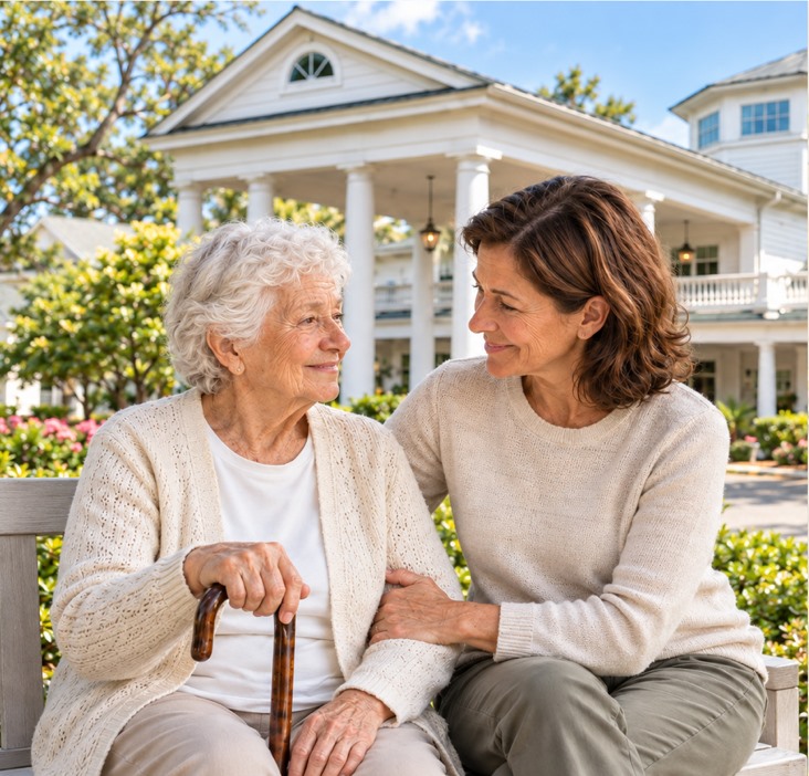 A resident and her daughter sitting together outside May River Landing