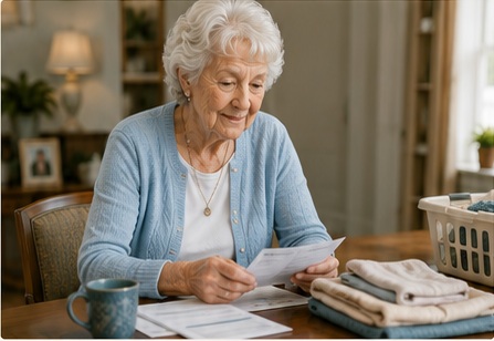 A woman sorting mail and laundry at her kitchen table