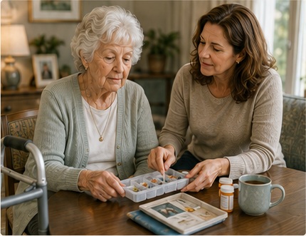 A daughter helping her mother organize medications