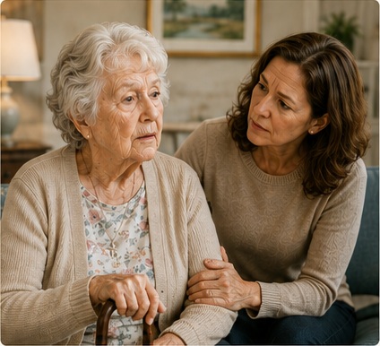 A daughter comforting her mother at home