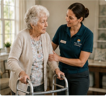 A caregiver supporting a resident walking with a walker