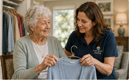 A caregiver helping a resident choose a sweater