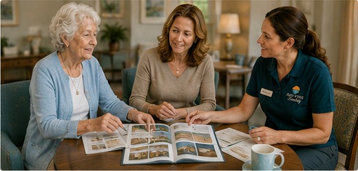 A resident and her daughter reviewing apartment options with a team member