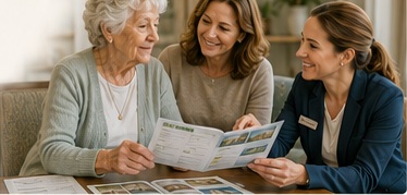 A resident and her daughter reviewing a brochure with a team member